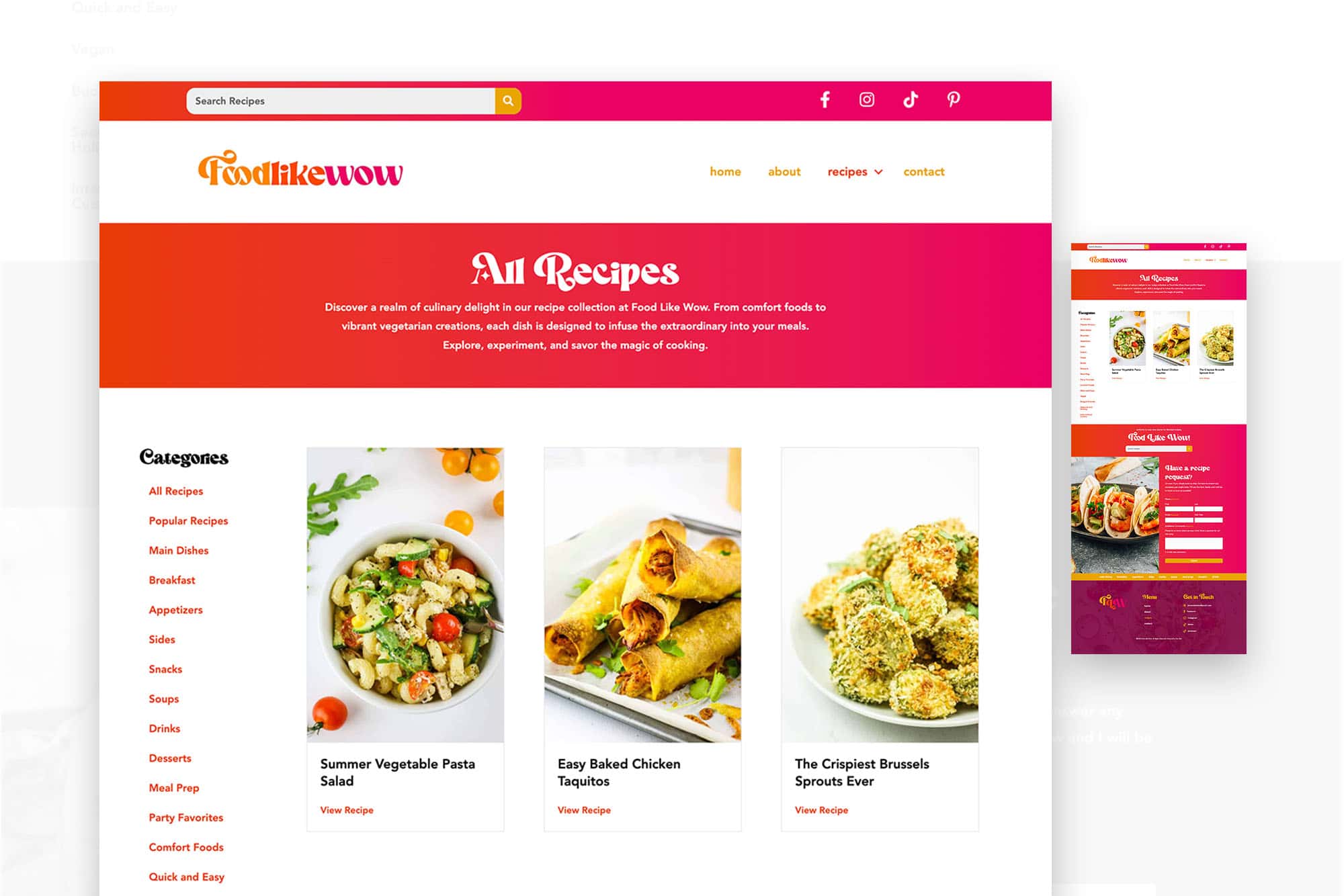 The homepage of a food website.